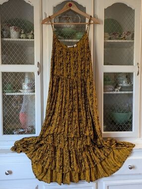 UO Mustard Yellow Black Striped Patterned Maxi Summer Dress Zebra Fern Printed